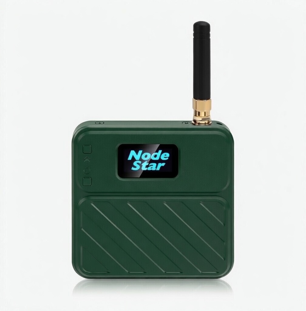 NS-200 Field Node — green Meshtastic mesh radio node with antenna
